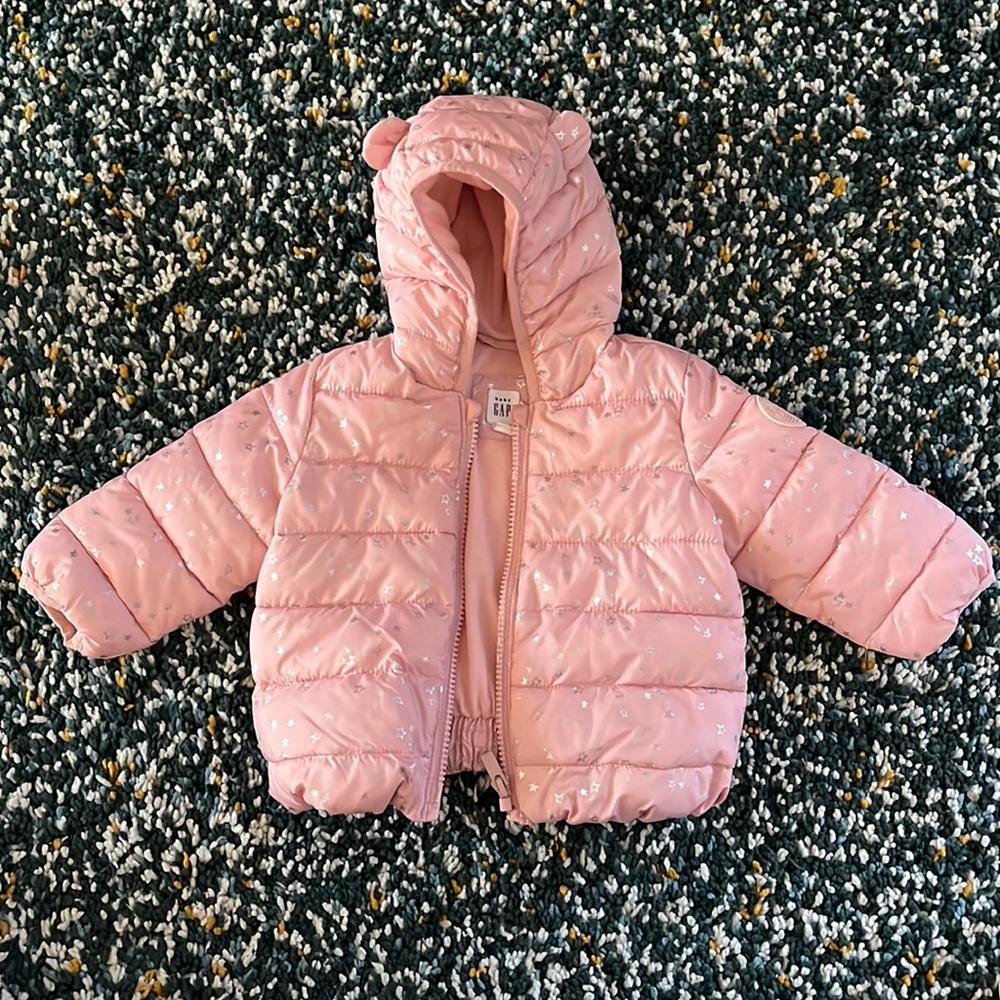 Gap Pink Cold Control Hooded Puffer Jacket Silver Stars Girls Size 6-12 Months